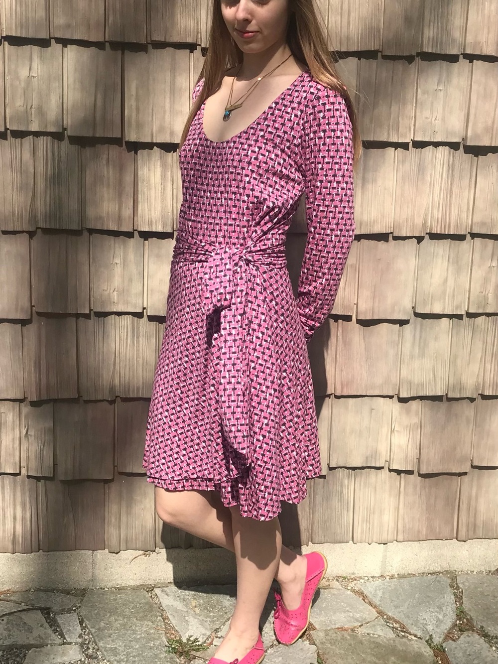 BODEN Silvia Jersey Midi Dress 10 Faux Wrap Pink Black Geo Geometric